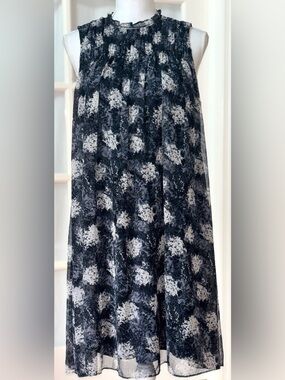 Joie Limited Edition Black Gray Floral Chiffon Swing Mini Dress Ruffle Neck M